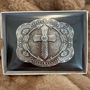Blazin Roxx Silver & Turquoise Feather Cross Scallop Belt Buckle